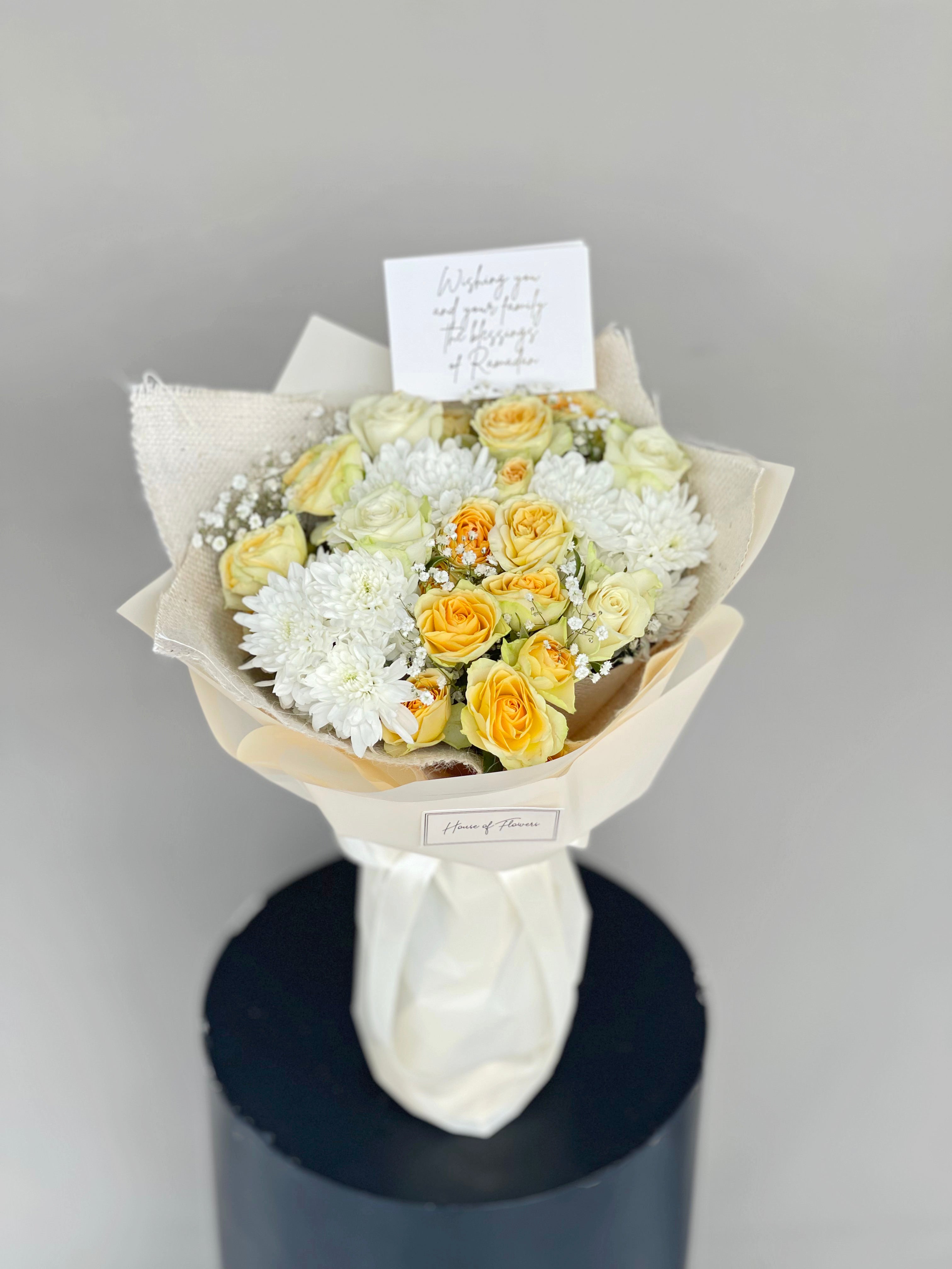 Vanilla Luxe bouquet of yellow roses and white chrysanthemums with baby&