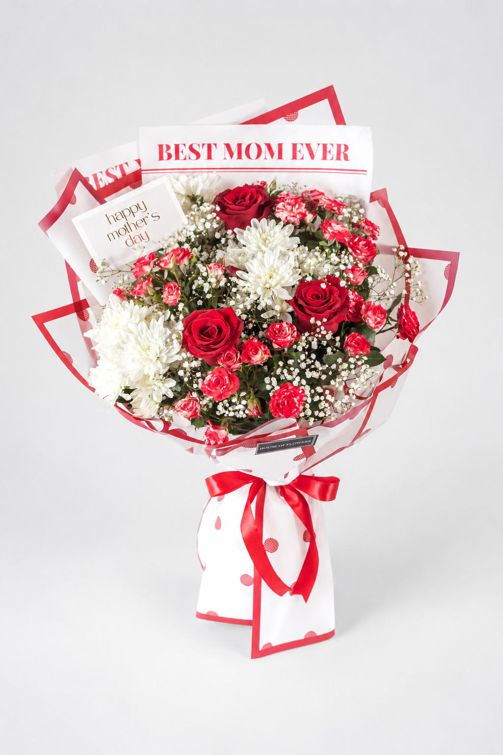 Best Mom Ever bouquet of white chrysanthemums, roses, spray roses and gypsophila