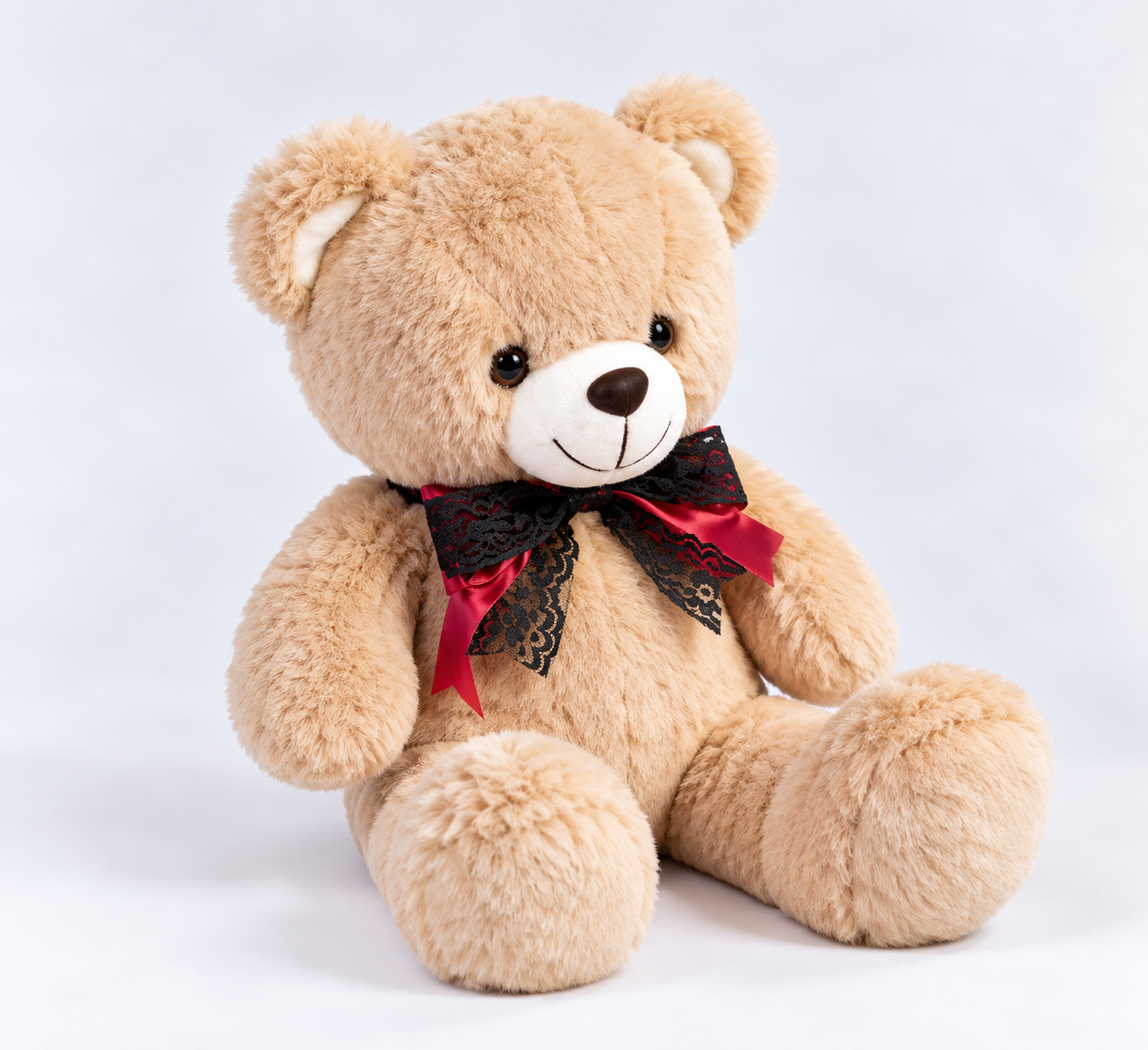Light brown teddy bear with a red and black ribbon bow