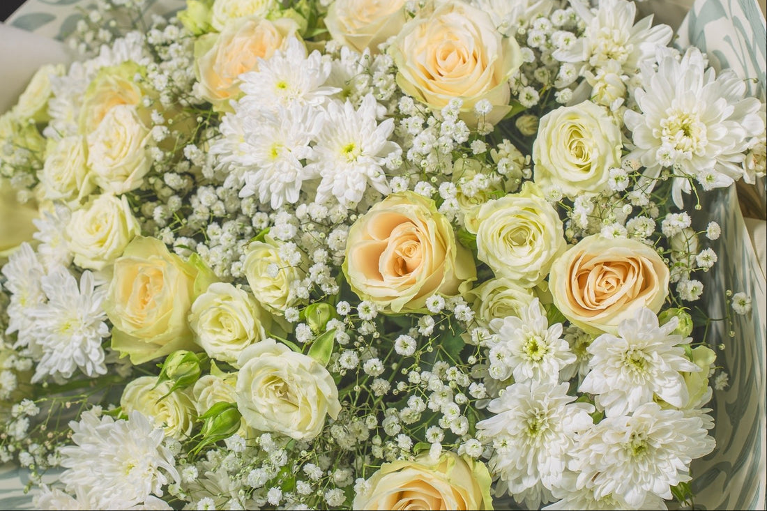 Calming Cobalt bouquet of imported roses, chrysanthemums, spray roses and gypsophila