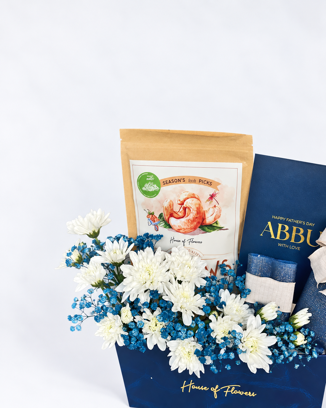 For Abbu gift box with two chrysanthemums, gypso, cashews and almonds, Hershey’s chocolate, KitKat, and a greeting card.