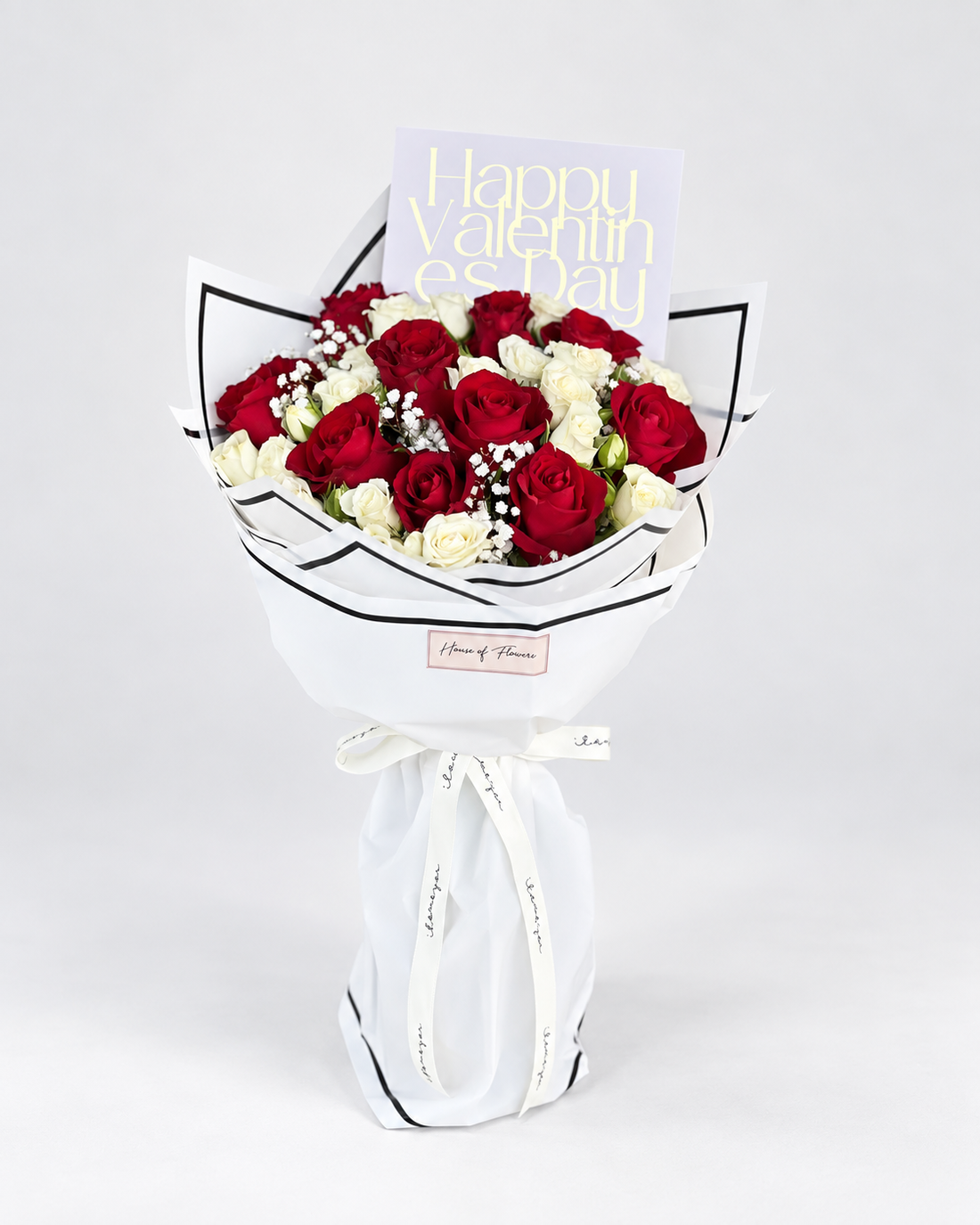 Love You bouquet of 10 red roses, 5 white spray roses and baby&