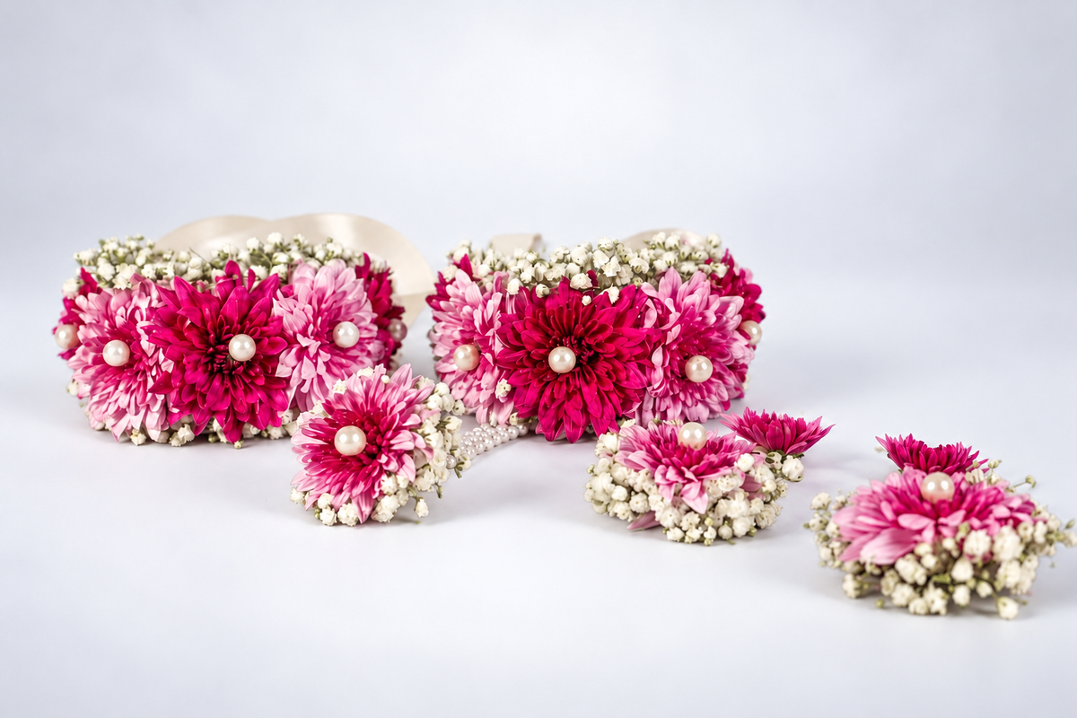Pink and magenta flower jewellery set with pearl centres - bracelets, earrings and rings