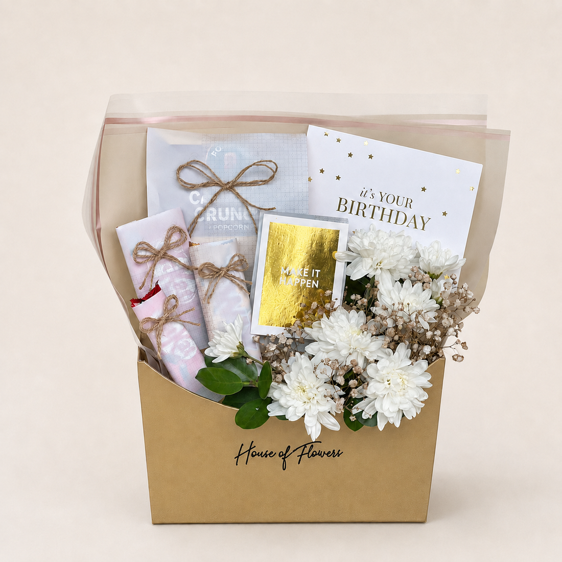 Rustic Treat gift box with chrysanthemums, gypsophila, chocolates, and greeting cards