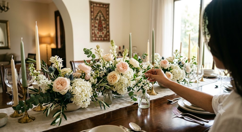 Luxurious dinner tablescape decorated with fresh flowers