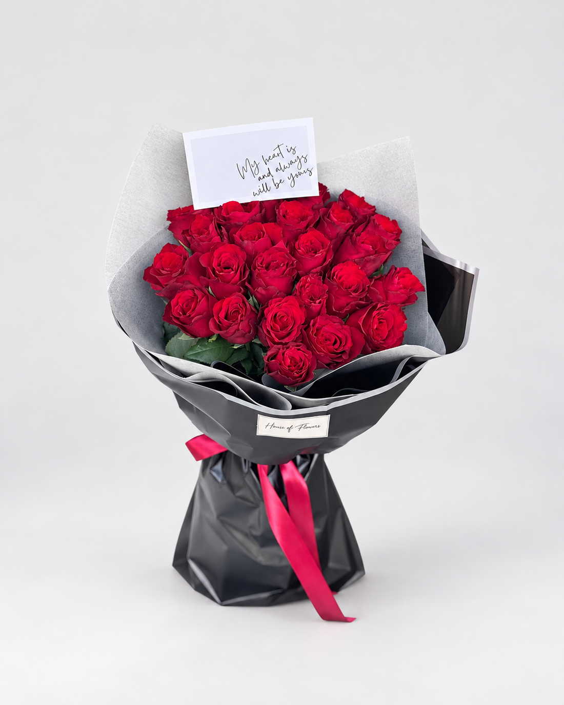 Red Elite bouquet of 25 red roses with a greeting card from House of Flowers