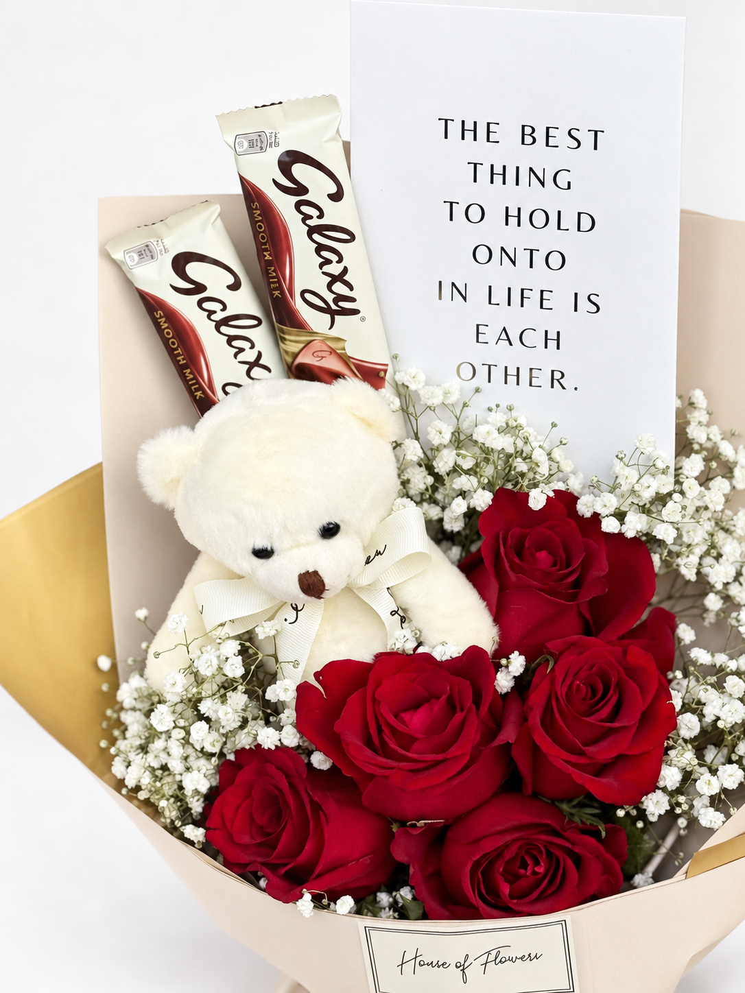 Love Rosie gift with 5 imported red roses, Galaxy chocolates, a teddy and a card