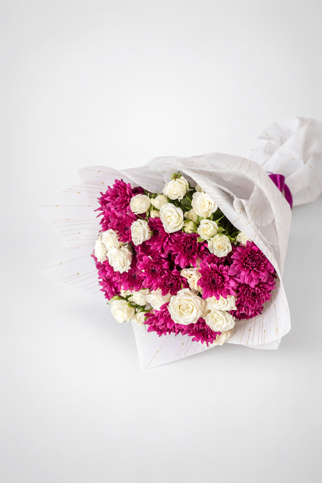 Noir Mystique bouquet of chrysanthemums and spray roses with a greeting card