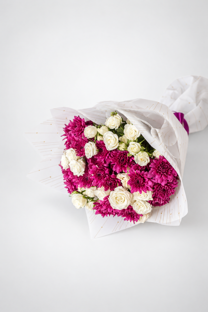 Noir Mystique bouquet of chrysanthemums and spray roses with a greeting card