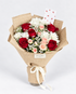 Cherry Blossom bouquet of red roses, peach spray roses and white chrysanthemums in burlap wrap