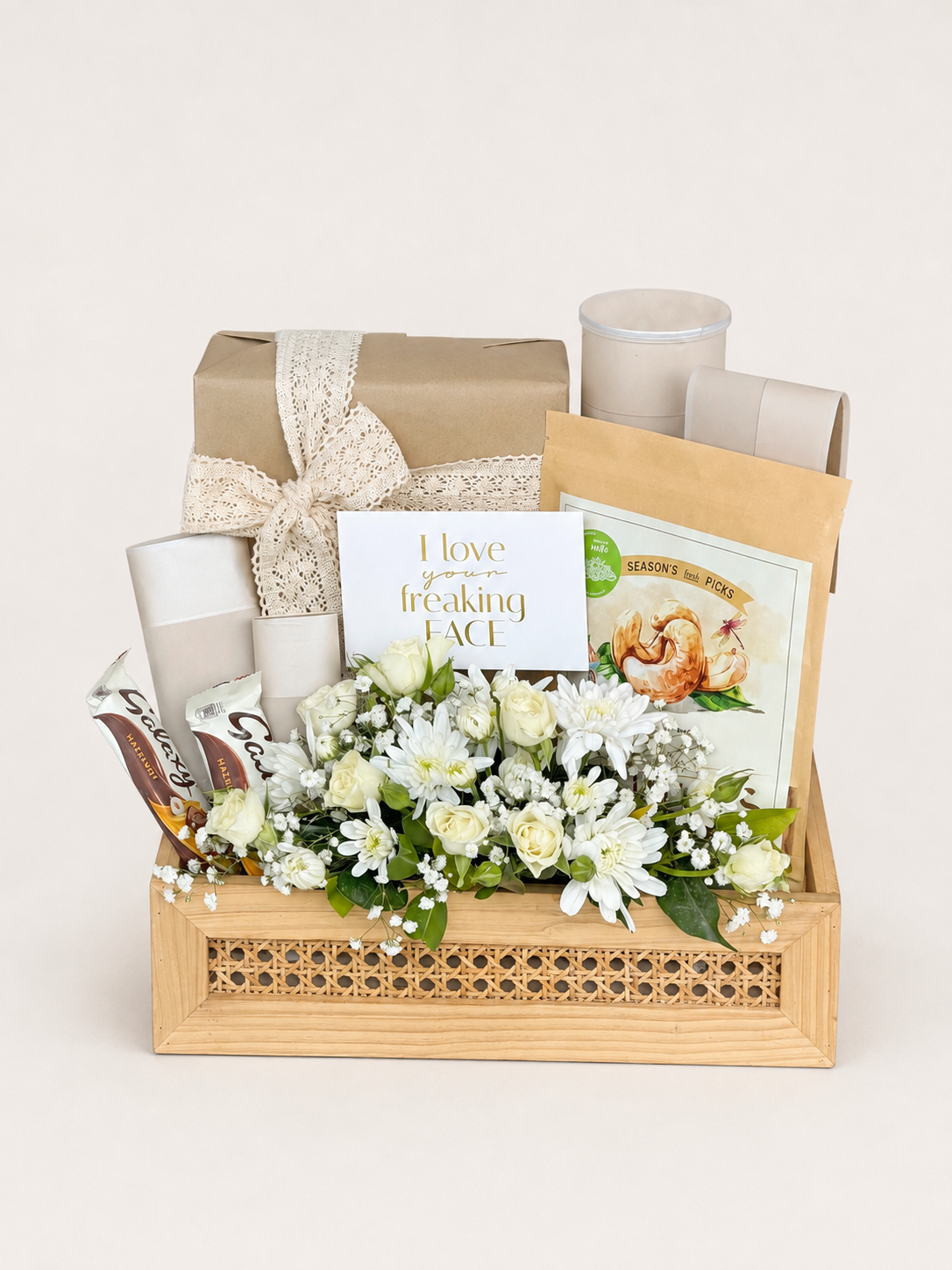 House of Flowers Teddy Nest gift box in a rattan crate with white spray roses, chrysanthemums, baby&