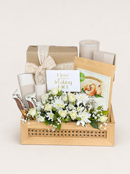 House of Flowers Teddy Nest gift box in a rattan crate with white spray roses, chrysanthemums, baby&