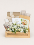 House of Flowers Teddy Nest gift box in a rattan crate with white spray roses, chrysanthemums, baby&