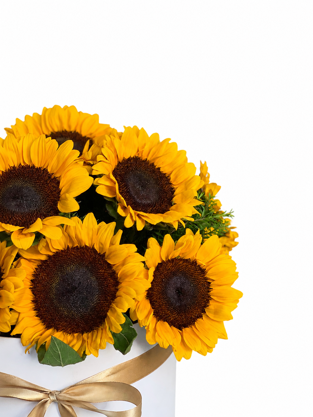 A bouquet of bright yellow sunflowers with dark brown centers and green leaves, arranged in a white box tied with a gold ribbon on a plain white background.