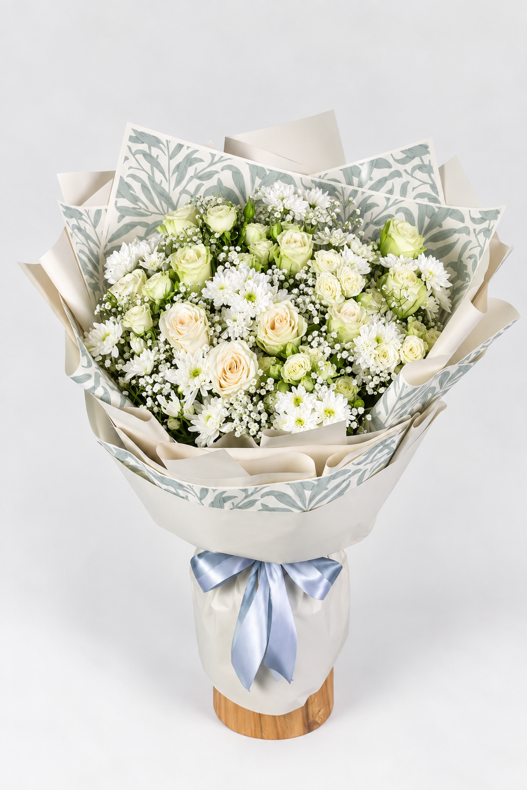 Calming Cobalt bouquet of imported roses, chrysanthemums, spray roses and gypsophila
