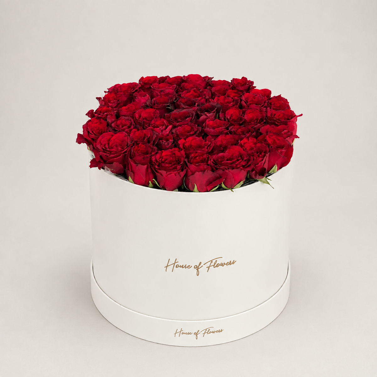A round white gift box filled with a dense arrangement of deep red roses, with the brand name &