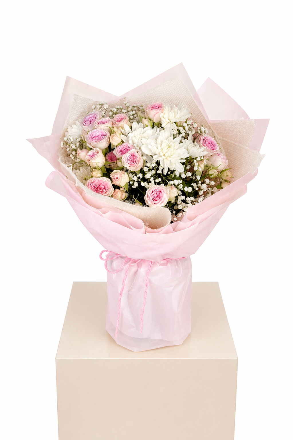 a bouquet of 5 spray roses, 2 chrysanthemums and 1 gypso.