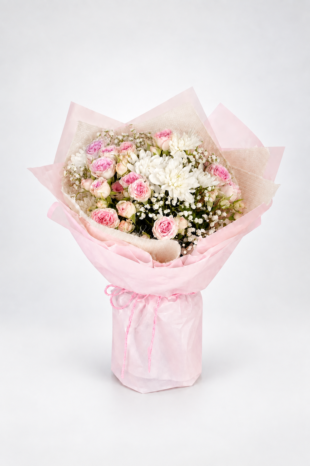 a bouquet of 5 spray roses, 2 chrysanthemums and 1 gypso.