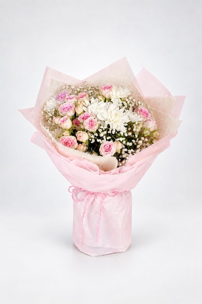 a bouquet of 5 spray roses, 2 chrysanthemums and 1 gypso.