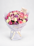 For Her bouquet of pink, purple and cream roses wrapped in white paper with a "Happy Mother&