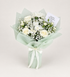 White Legacy in Bloom mixed-flower bouquet with roses, chrysanthemums, spray roses, baby’s breath, and a card