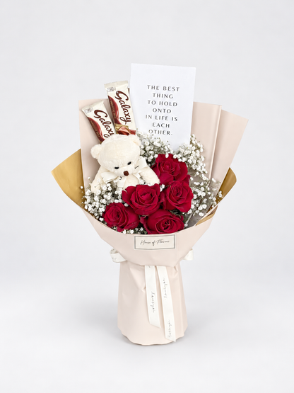 Love Rosie bouquet of red roses and baby&