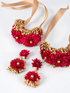 Red flower gajra jewellery set with gold beads - bracelets, earrings and ring