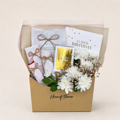 Rustic Treat gift box with chrysanthemums, gypsophila, chocolates, and greeting cards