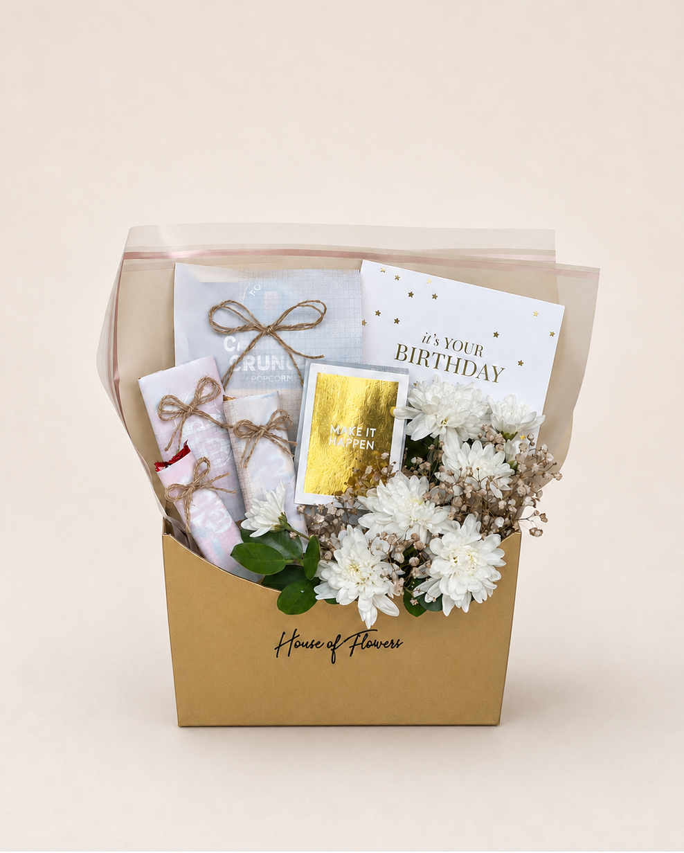 Rustic Treat gift box with chrysanthemums, gypsophila, chocolates, and greeting cards