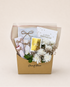 Rustic Treat gift box with chrysanthemums, gypsophila, chocolates, and greeting cards