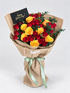 Crimson and Gold Serenade bouquet of red and orange roses with a greeting card