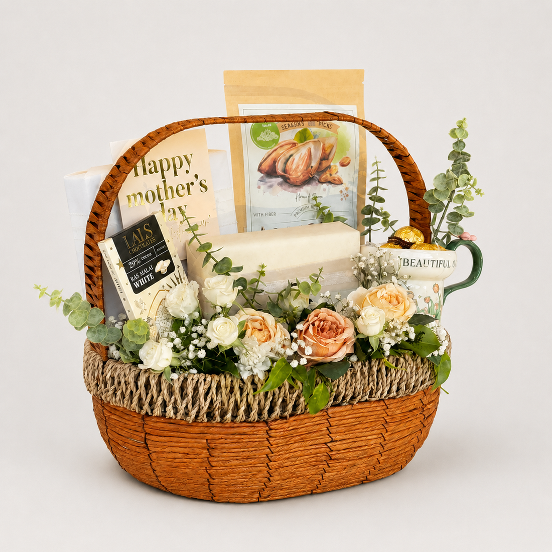 A woven brown gift basket filled with assorted gift items, including a &