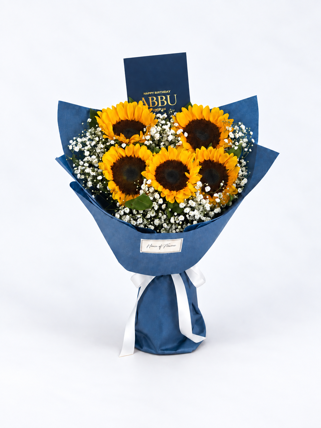 Sunshine Warmth bouquet of 5 sunflowers with baby&