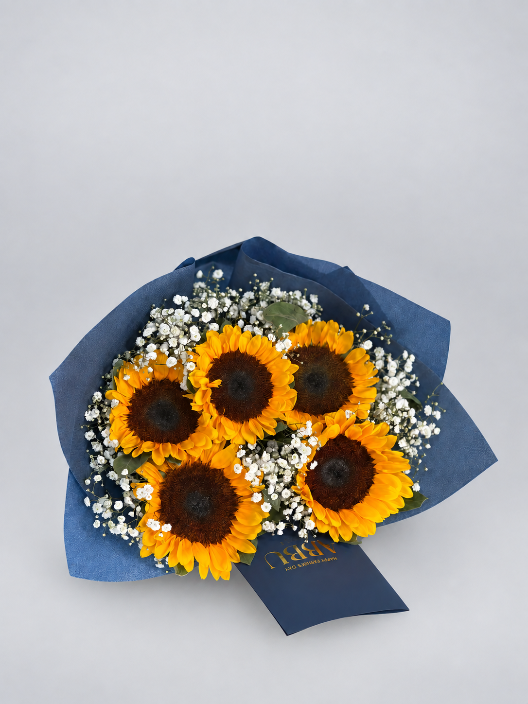 Sunshine Warmth bouquet of 5 sunflowers with baby&