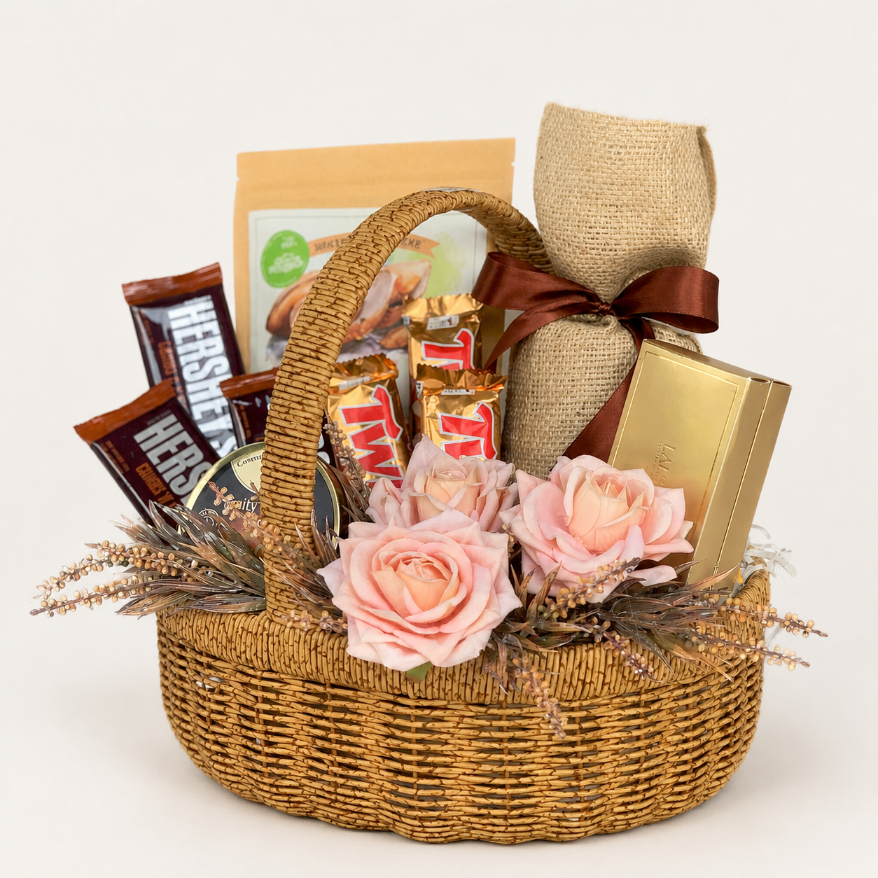 A wicker gift basket filled with assorted treats and decorations, including pink roses, a burlap-wrapped item tied with a brown ribbon, a gold tin, and chocolate bars, photographed on a clean white background.