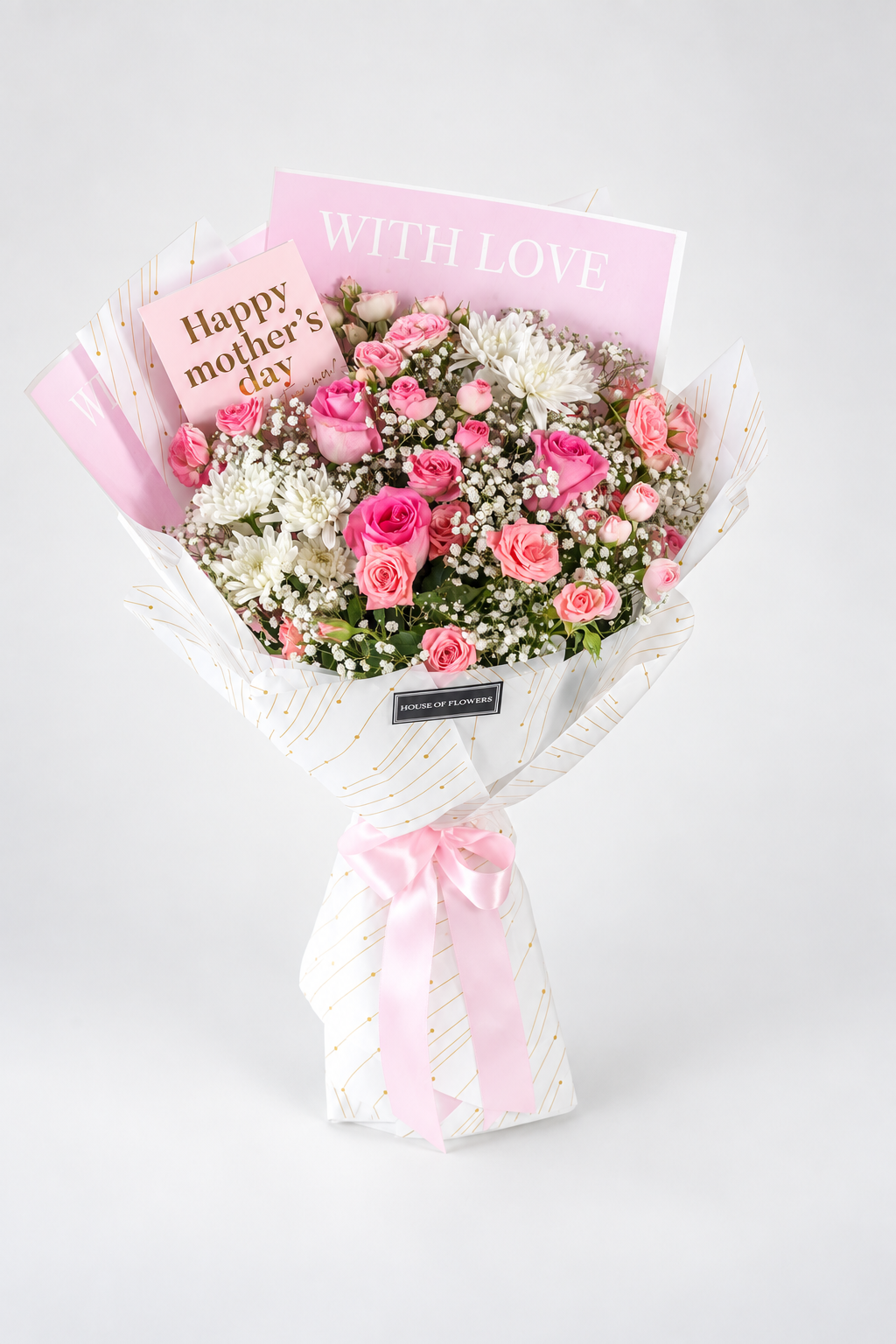 Sweet Pink Symphony bouquet with pink roses, spray roses and white chrysanthemums, wrapped with gypsophila for gifting