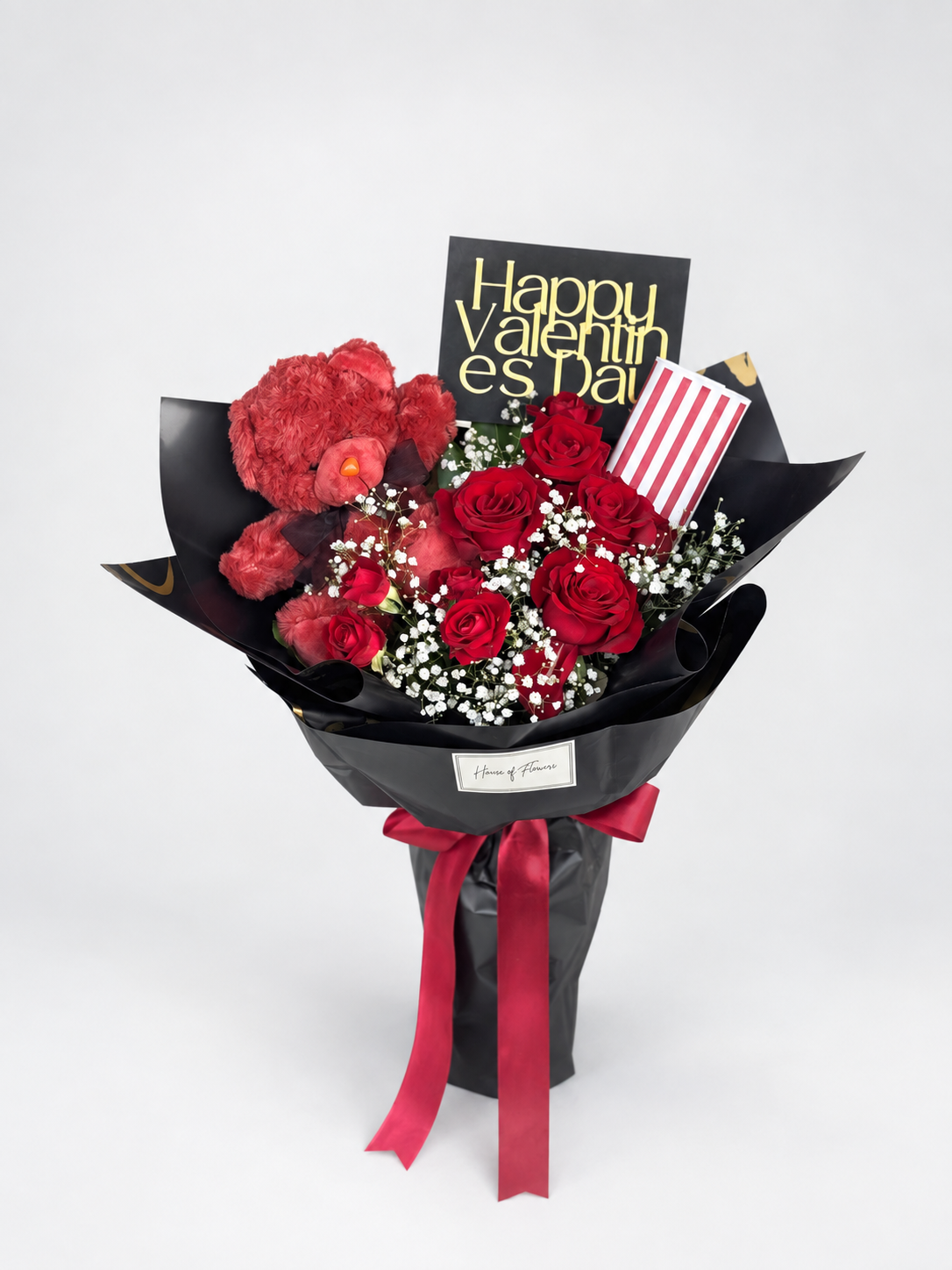 Teddy Treasure gift bouquet with 5 imported roses, a spray rose, baby&