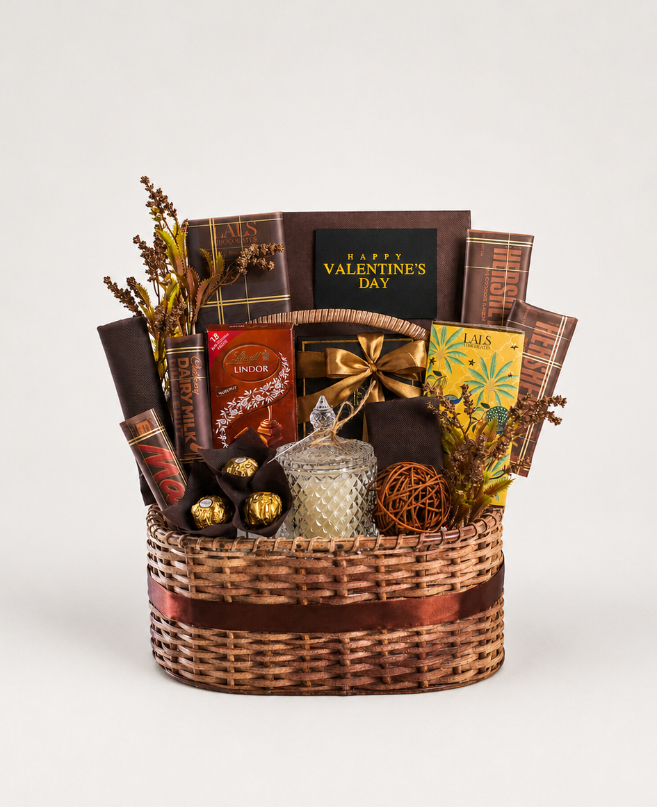 A wicker gift basket filled with assorted chocolates, boxed sweets, a small glass bottle, decorative dried stems, and a brown ribbon, photographed on a clean light gray studio background.
