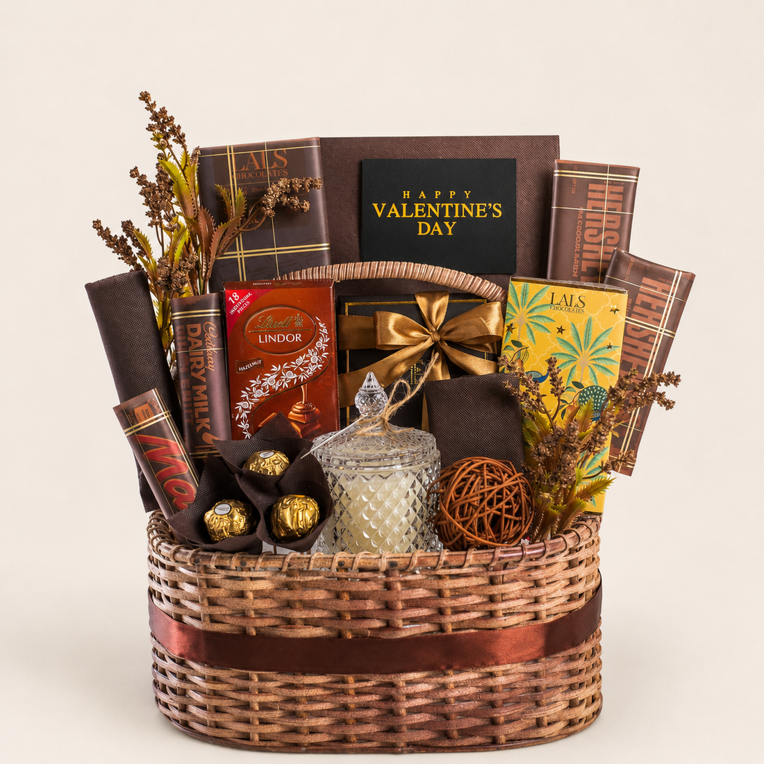 Truffle Treasure gift box filled with assorted chocolates, Ferrero, Lindt, Galaxy, KitKat, cookies, and a candle