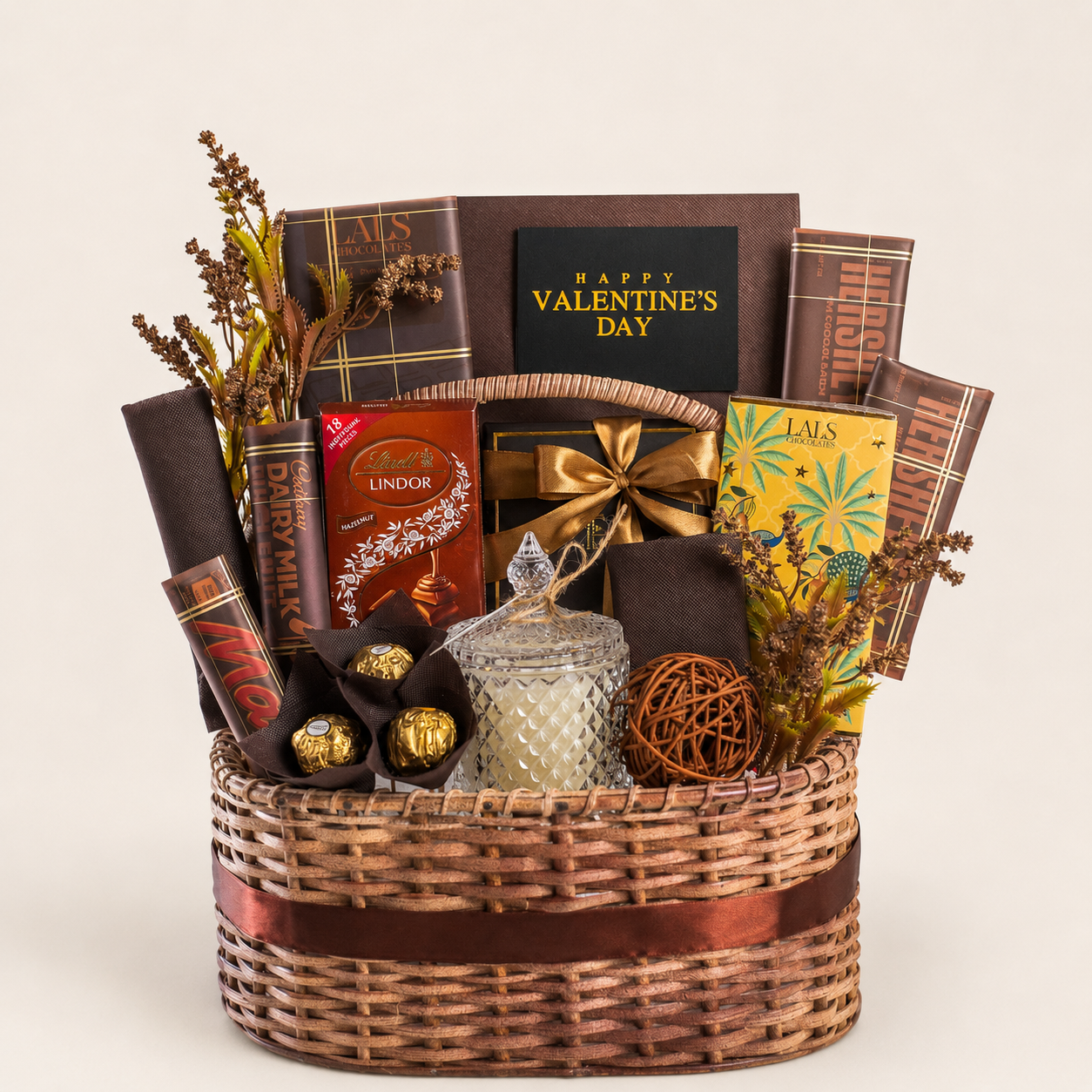 Truffle Treasure gift box filled with assorted chocolates, Ferrero, Lindt, Galaxy, KitKat, cookies, and a candle