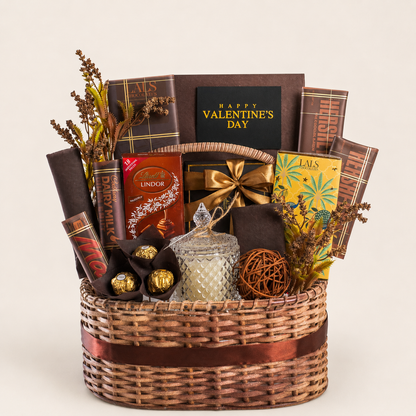 Truffle Treasure gift box filled with assorted chocolates, Ferrero, Lindt, Galaxy, KitKat, cookies, and a candle