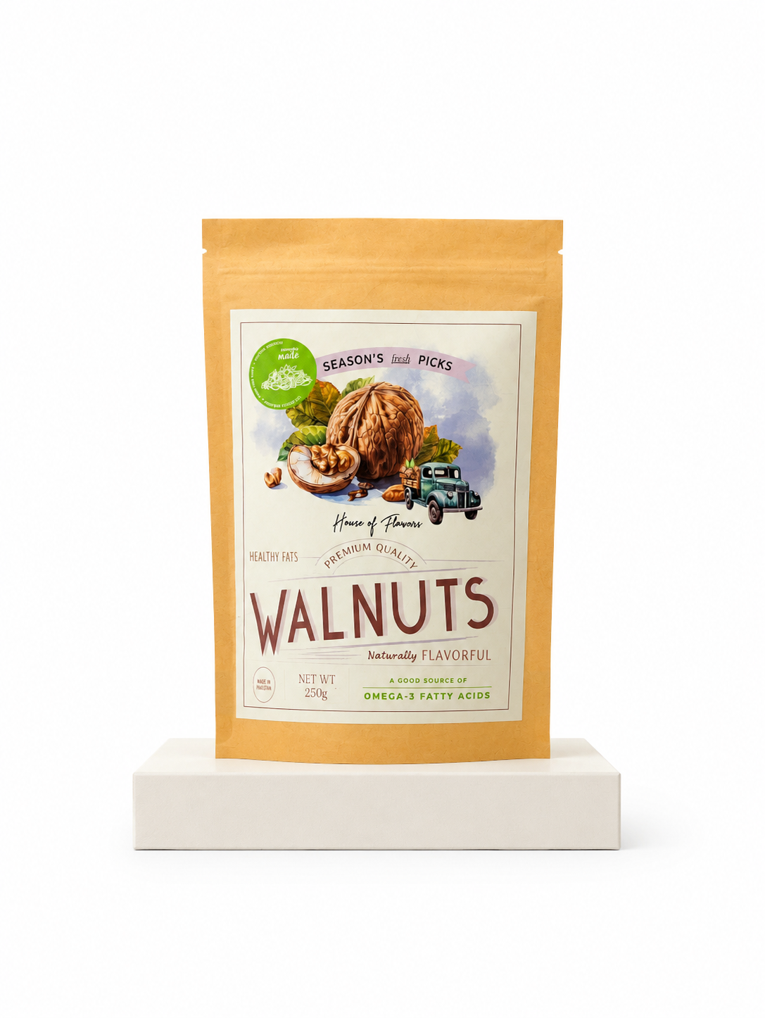 A stand-up pouch of Walnuts Naturally Flavored snack mix by Season&